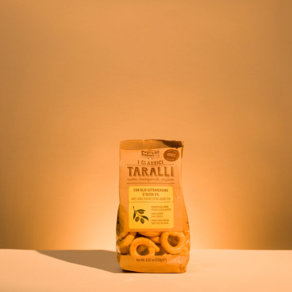 Taralli Olio di Oliva 350g Packung von PugliaSapori knuspriger Olivenöl-Snack aus Apulien
