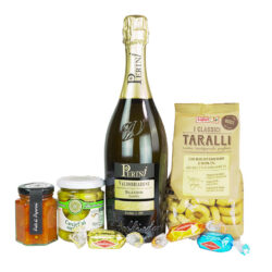 a bottle of prosecco and various food items