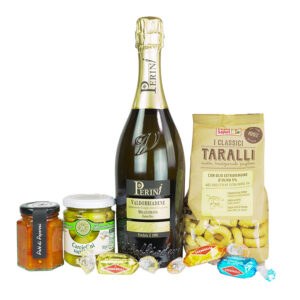 a bottle of prosecco and various food items