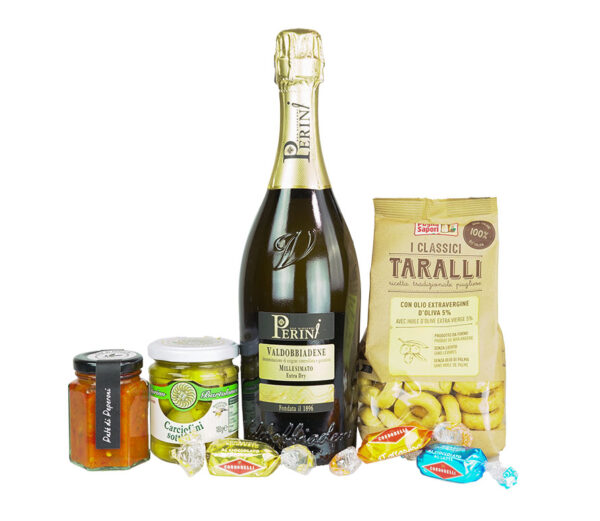 a bottle of prosecco and various food items